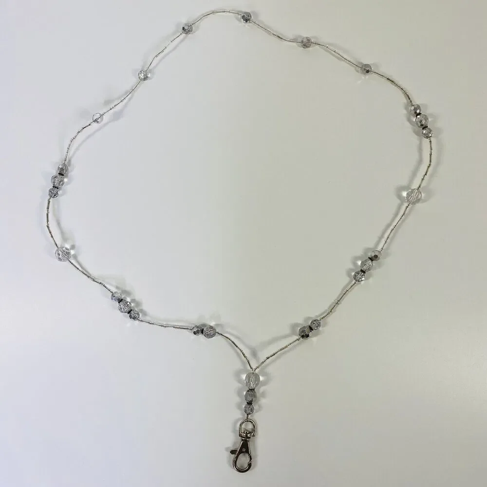 Mixed Beads Badge Name Tag Holder‎ Necklace Clear Sparkle Bling Silver Tone
